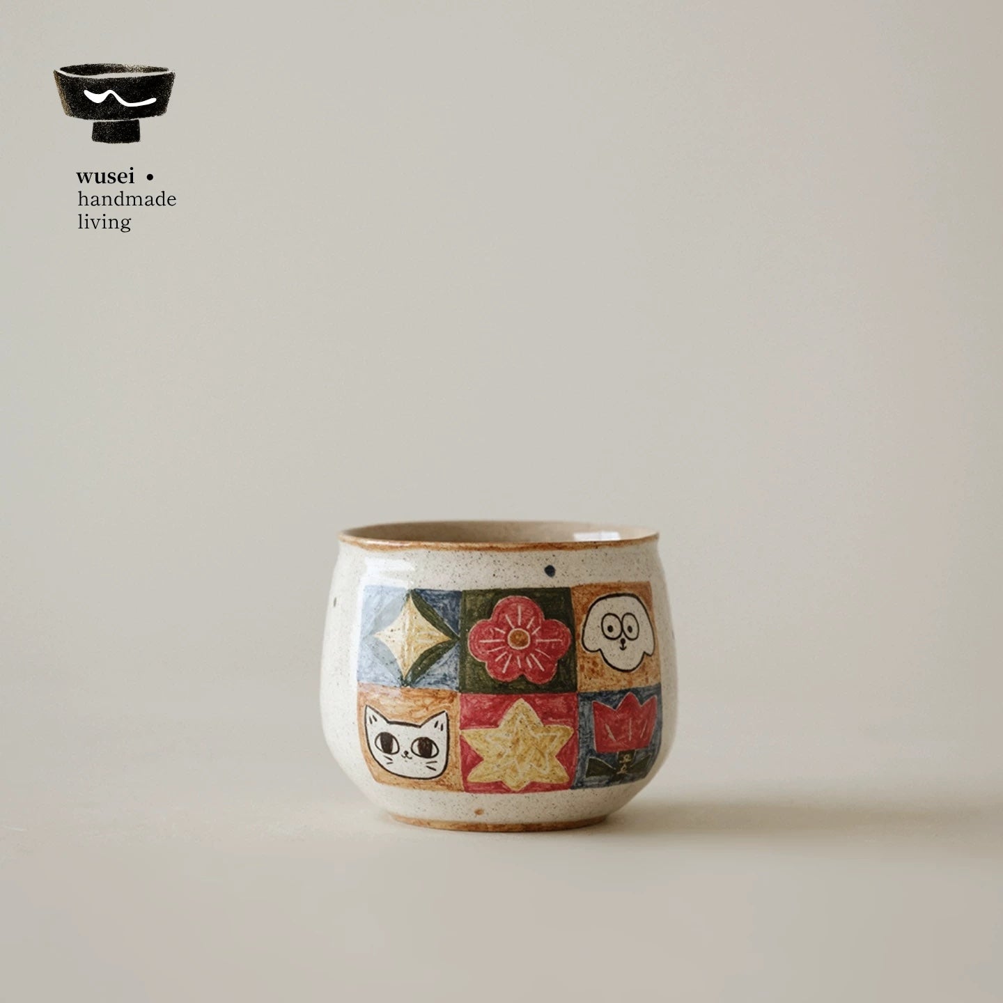 Checkered Ceramic Mug with Hand-Painted Cats