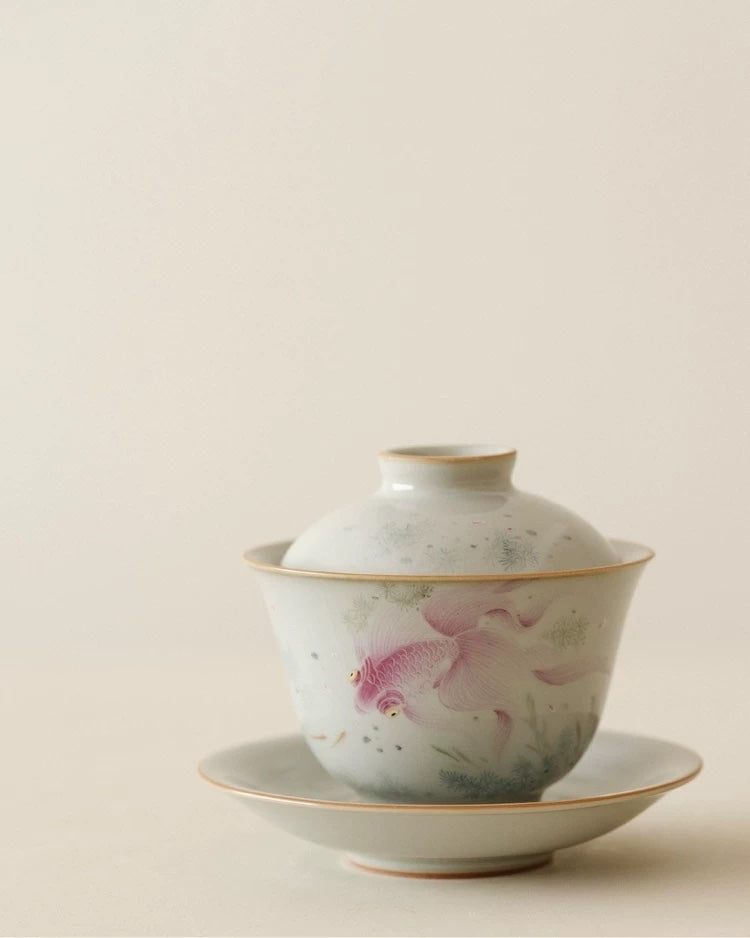 Sky-Blue Ruyao Gaiwan with Hand-Painted Goldfish - Jingdezhen