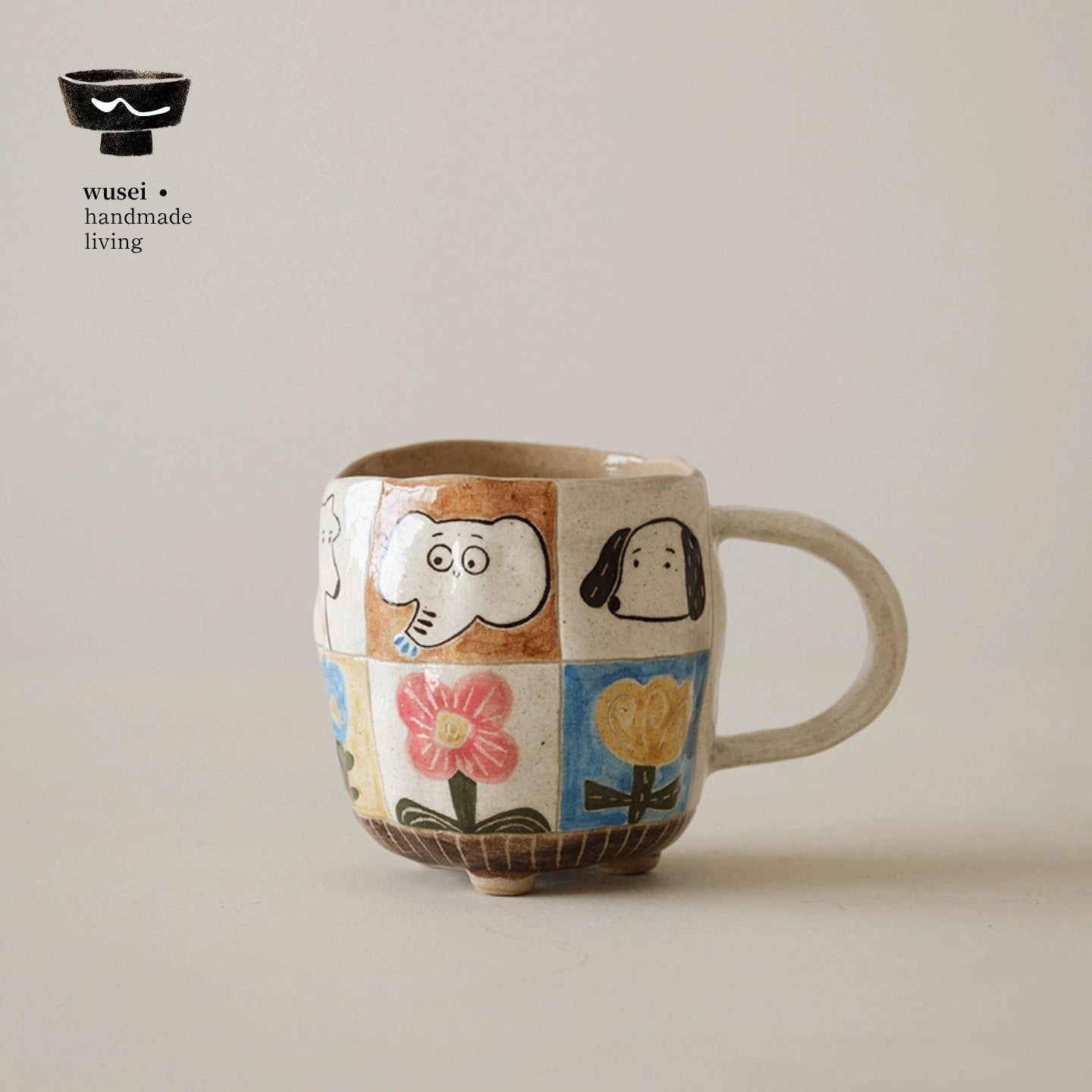 Hand-Painted Animal Mug - Colorful Plaid Stoneware