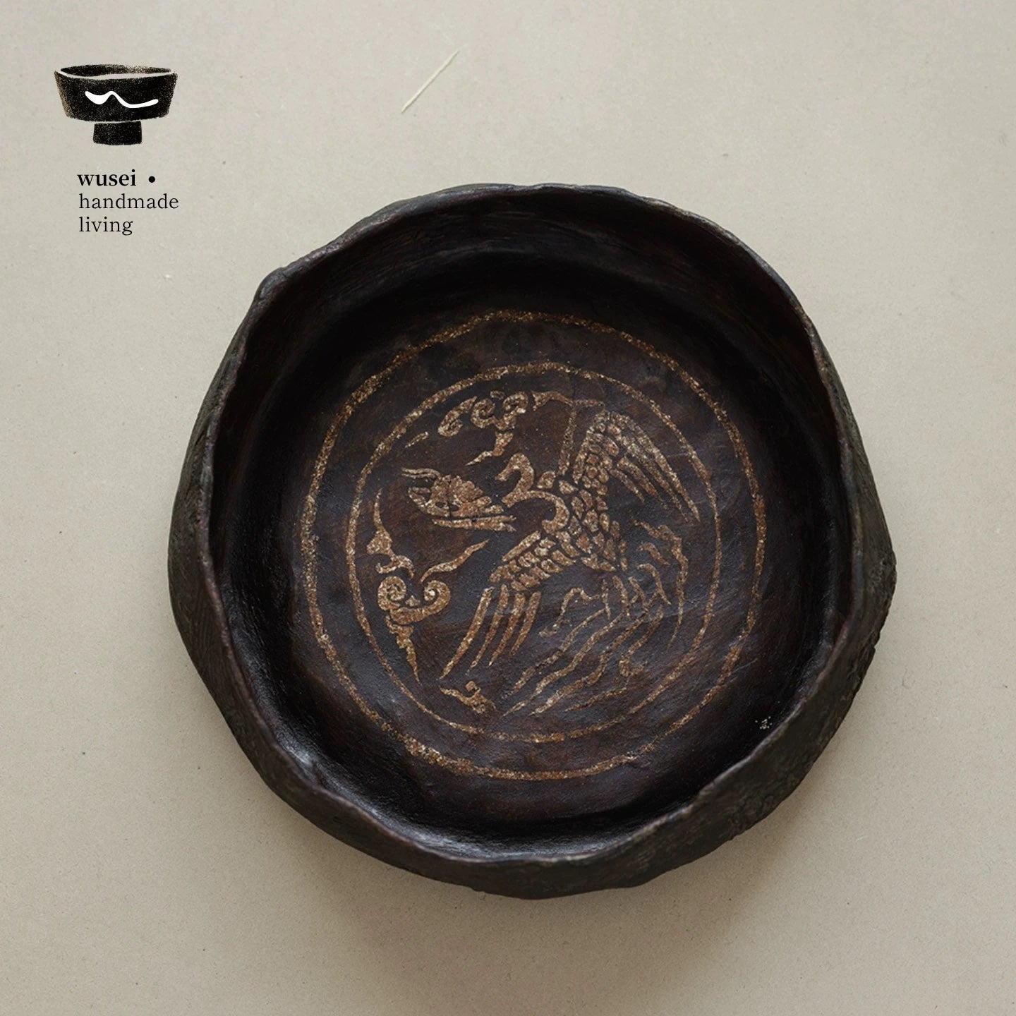 Lacquer Tea Tray with Ancient Bird Motif, Handmade Wabi-Sabi