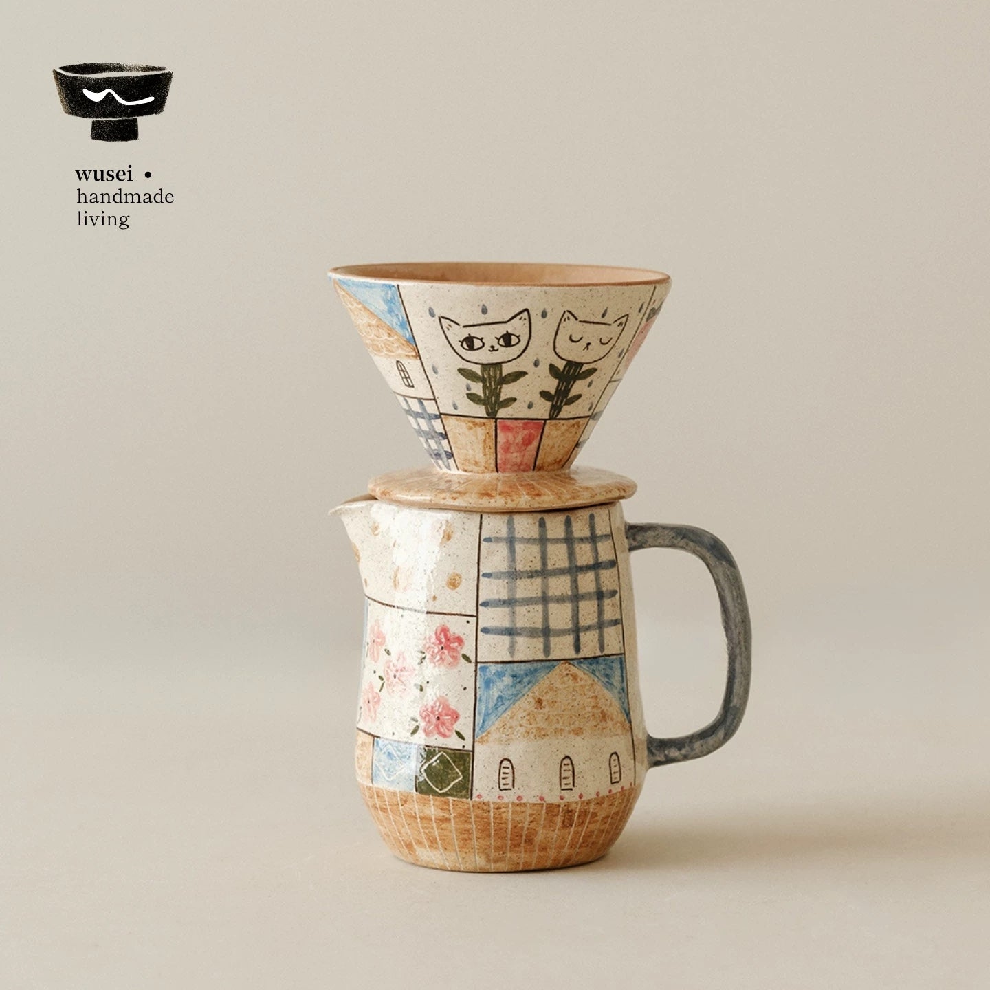Retro Hand-Painted Ceramic Pour-Over Coffee Set in Oatmeal