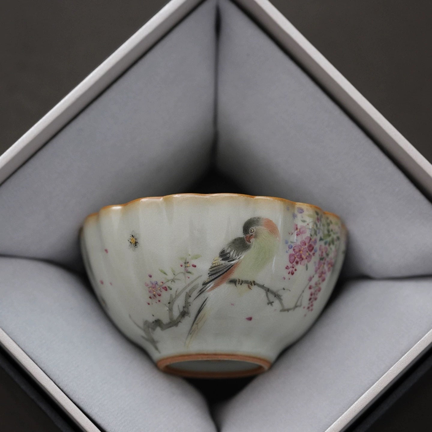 Hand-Painted Sky-Blue Ru Ware Tea Cup with Bird & Flowers