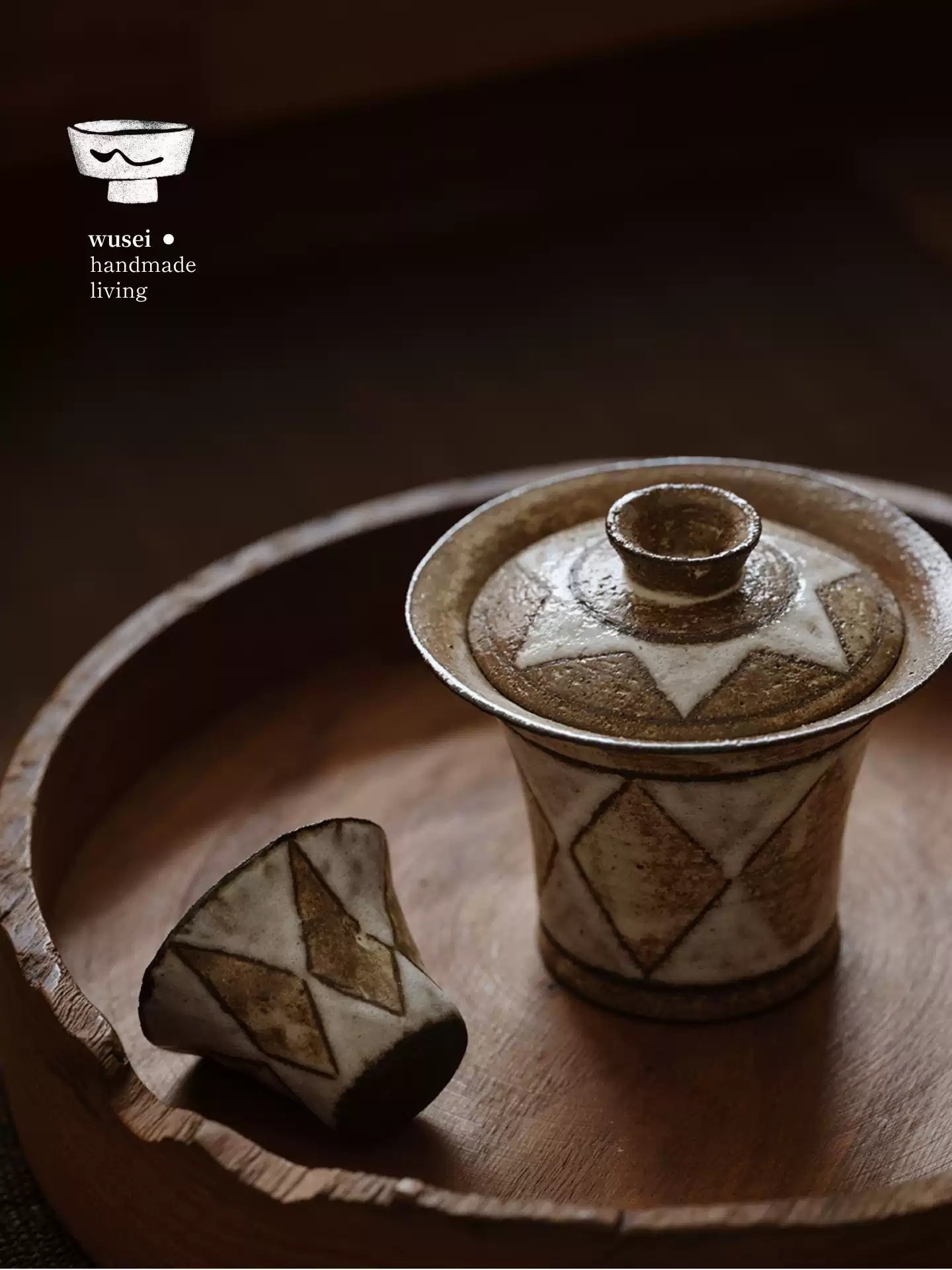 Handmade Stoneware Gaiwan Set – Vintage Diamond Pattern
