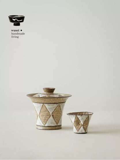 Handmade Stoneware Gaiwan Set – Vintage Diamond Pattern