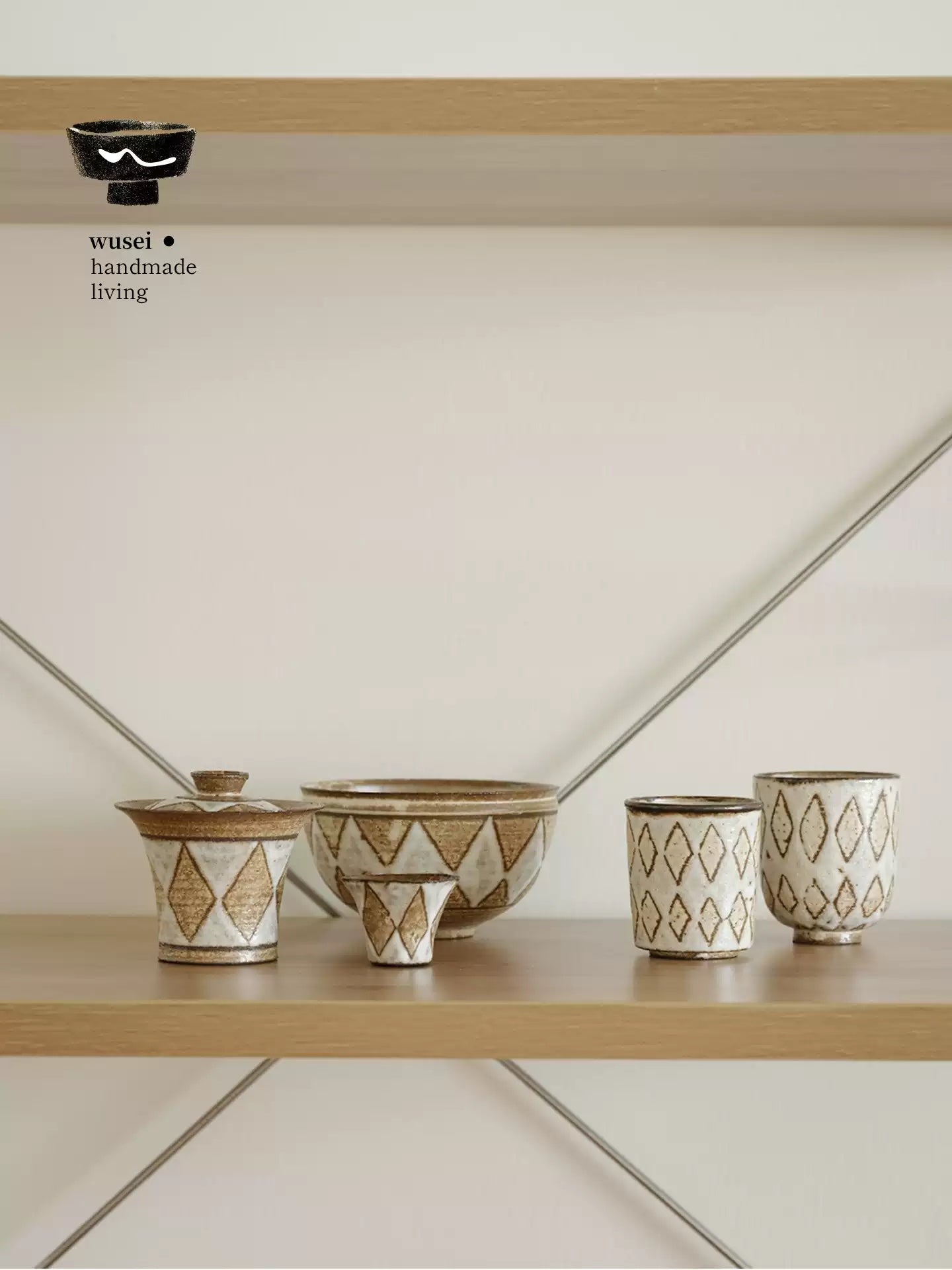 Handmade Stoneware Gaiwan Set – Vintage Diamond Pattern