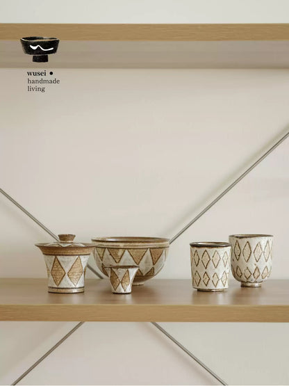 Handmade Stoneware Gaiwan Set – Vintage Diamond Pattern