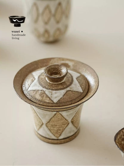 Handmade Stoneware Gaiwan Set – Vintage Diamond Pattern
