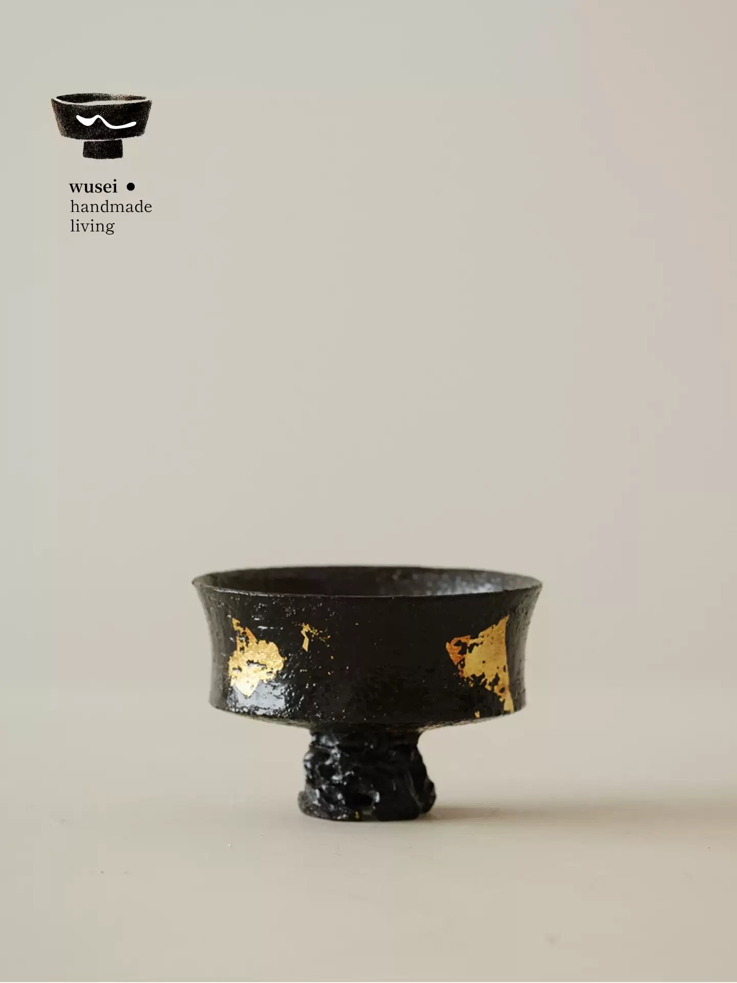 Lacquered Wabi-Sabi Gold-Leaf Stem Cup with Scholar Stone Base