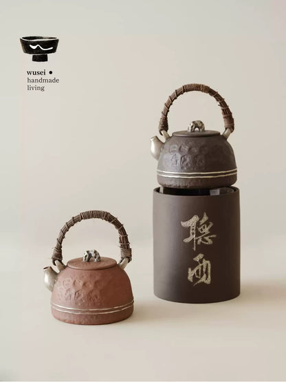 Taihu Stone Handle Teapot & Charcoal Stove Set, Aged Rock Clay with Silver & Powder Glaze