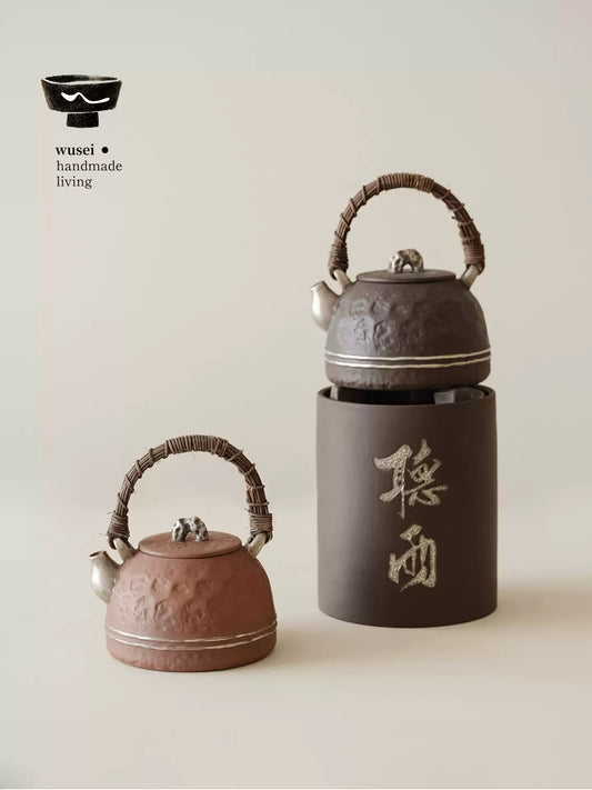 Taihu Stone Handle Teapot & Charcoal Stove Set, Aged Rock Clay with Silver & Powder Glaze