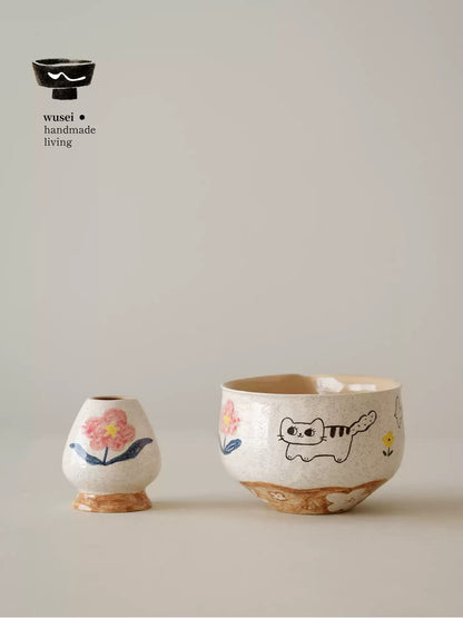 Hand-Painted Ceramic Cat Matcha Bowl Set with Whisk Holder