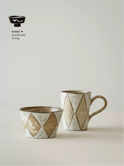 Hand-Thrown Slip-Glazed Stoneware Mug with Diamond Motif