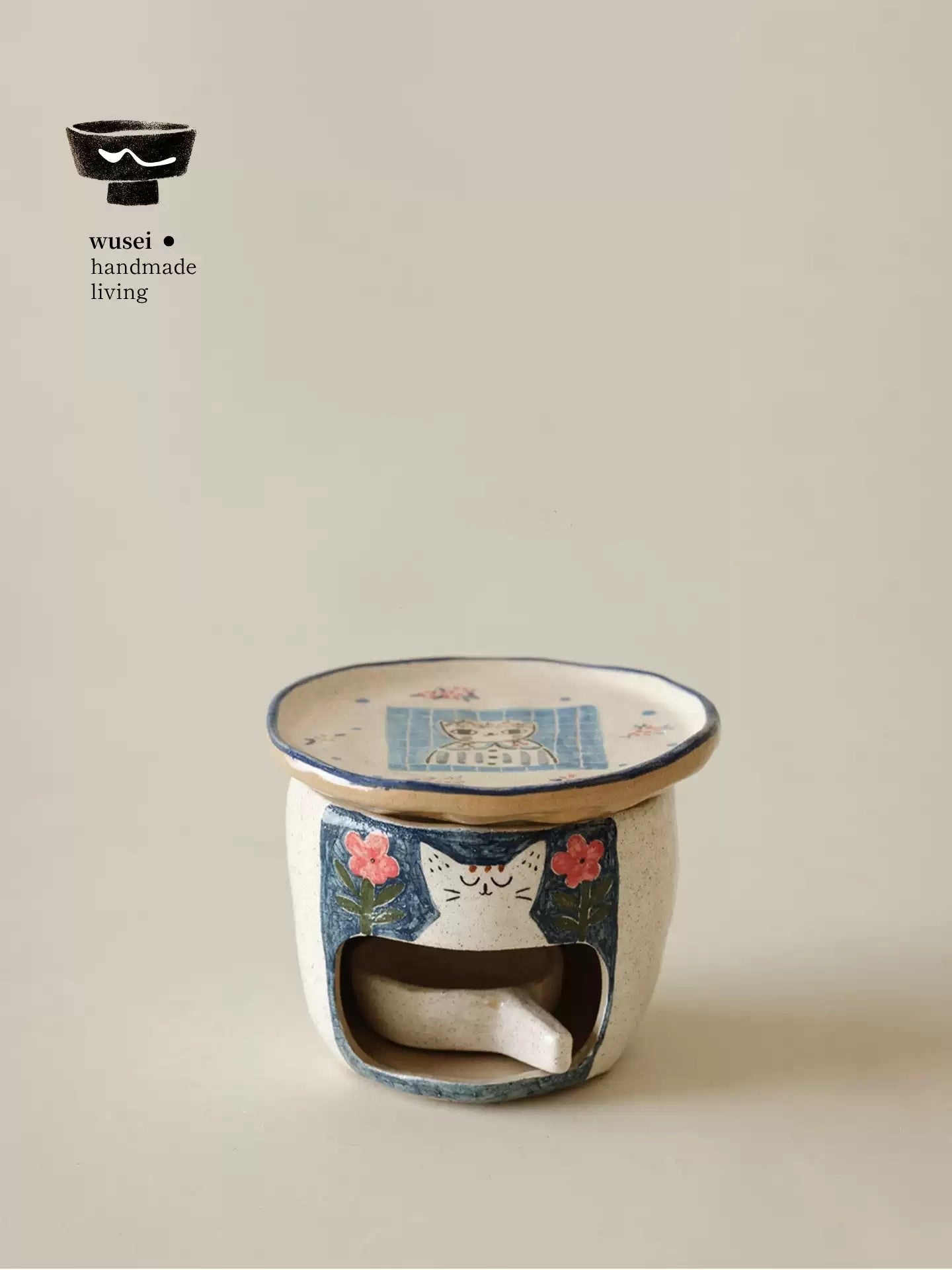 Hand-Painted Ceramic Aroma Burner with Cat Motif