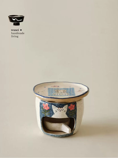 Hand-Painted Ceramic Aroma Burner with Cat Motif