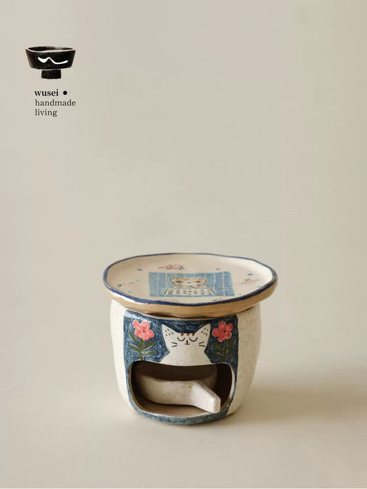 Hand-Painted Ceramic Aroma Burner with Cat Motif