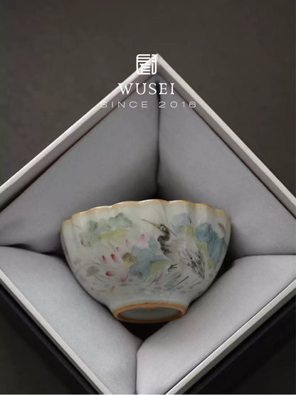 Hand-Painted Sky-Blue Ru Kiln Tea Cup with Lotus