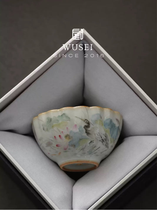 Hand-Painted Sky-Blue Ru Kiln Tea Cup with Lotus