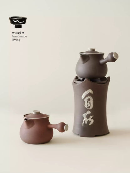 Silver-Coated Cloud Handle Teapot & Charcoal Stove Set, Old Rock Clay
