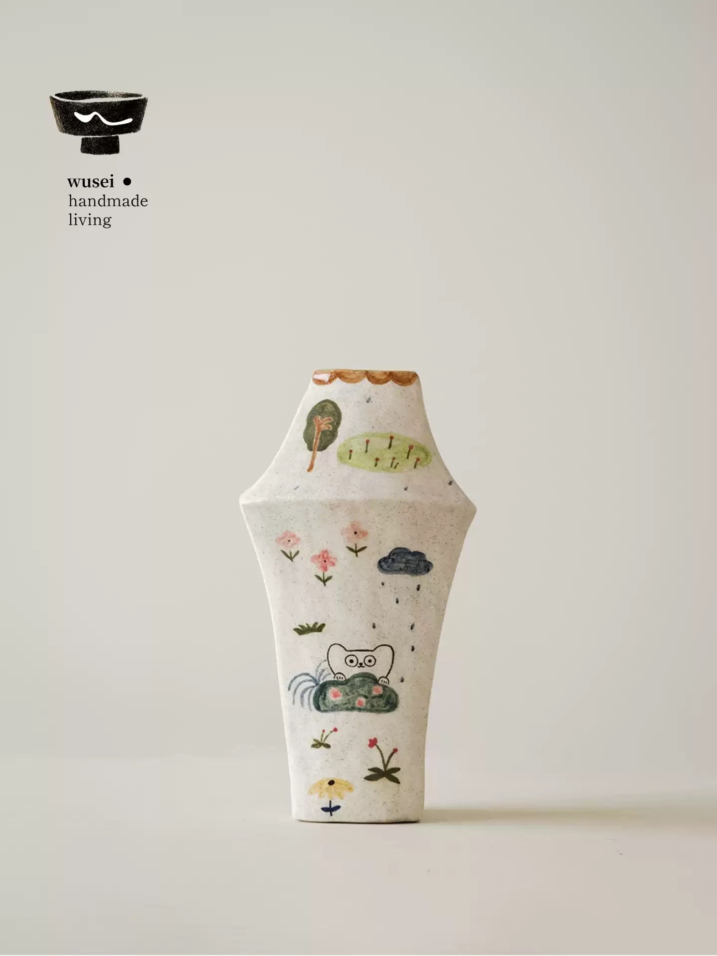 Hand-Painted Ceramic Triangle Vase with Storybook Cat Scene