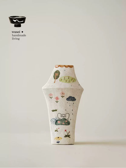 Hand-Painted Ceramic Triangle Vase with Storybook Cat Scene