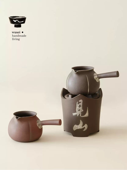 Old Rock Clay Side-Handle Teapot & Charcoal Stove Set with Silver Accents