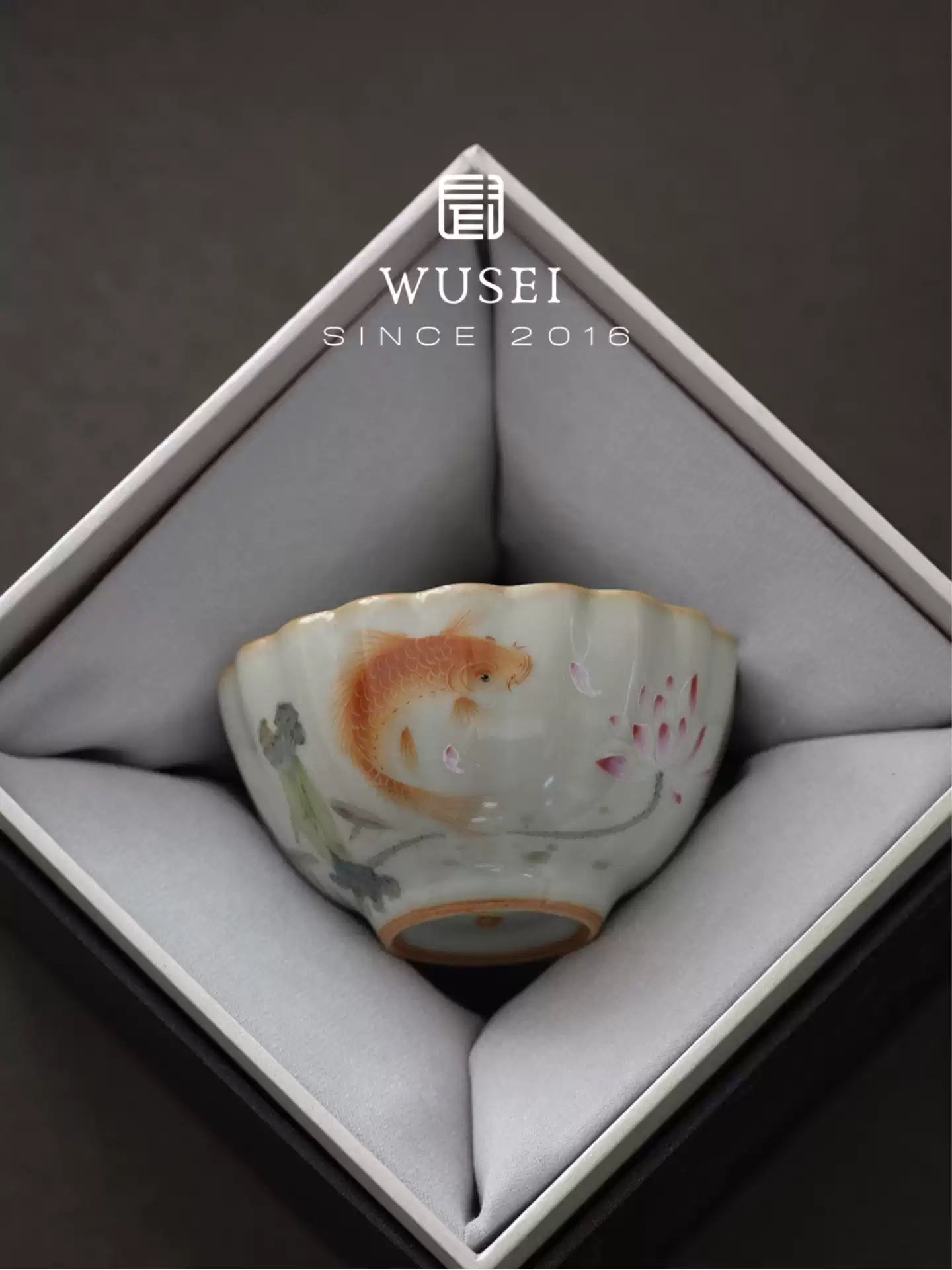 Sky-Blue Ru Ware Tea Cup, Hand-Painted Fish Motif