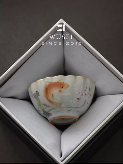 Sky-Blue Ru Ware Tea Cup, Hand-Painted Fish Motif