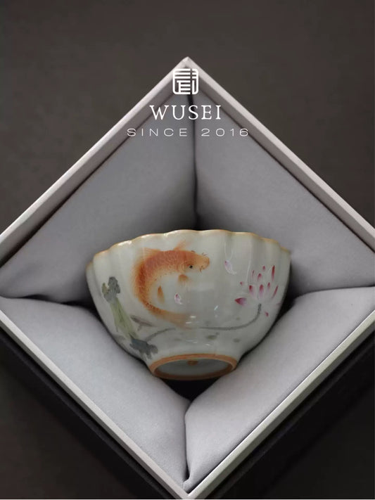 Sky-Blue Ru Ware Tea Cup, Hand-Painted Fish Motif