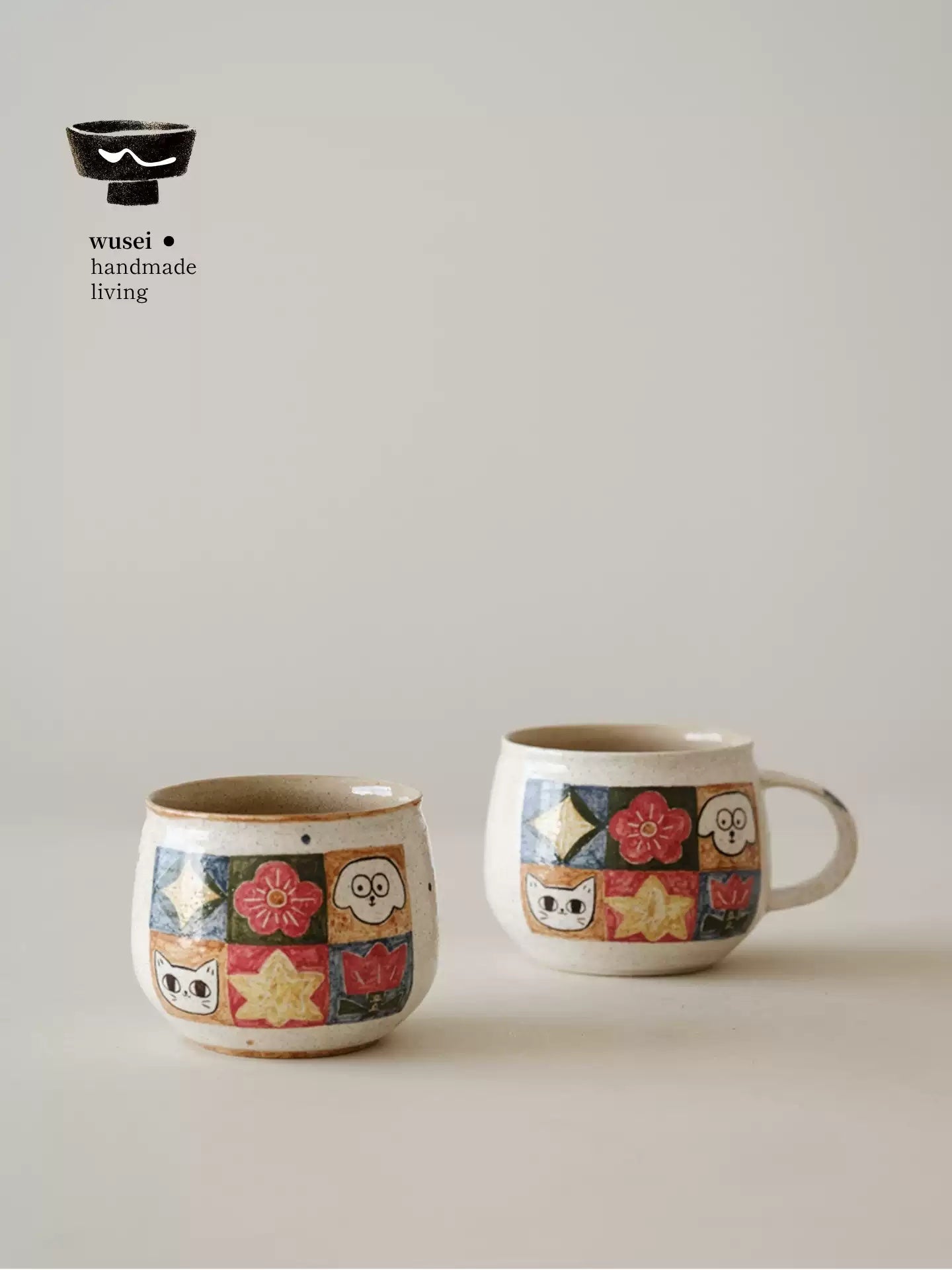 Checkered Ceramic Mug with Hand-Painted Cats