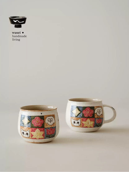 Checkered Ceramic Mug with Hand-Painted Cats
