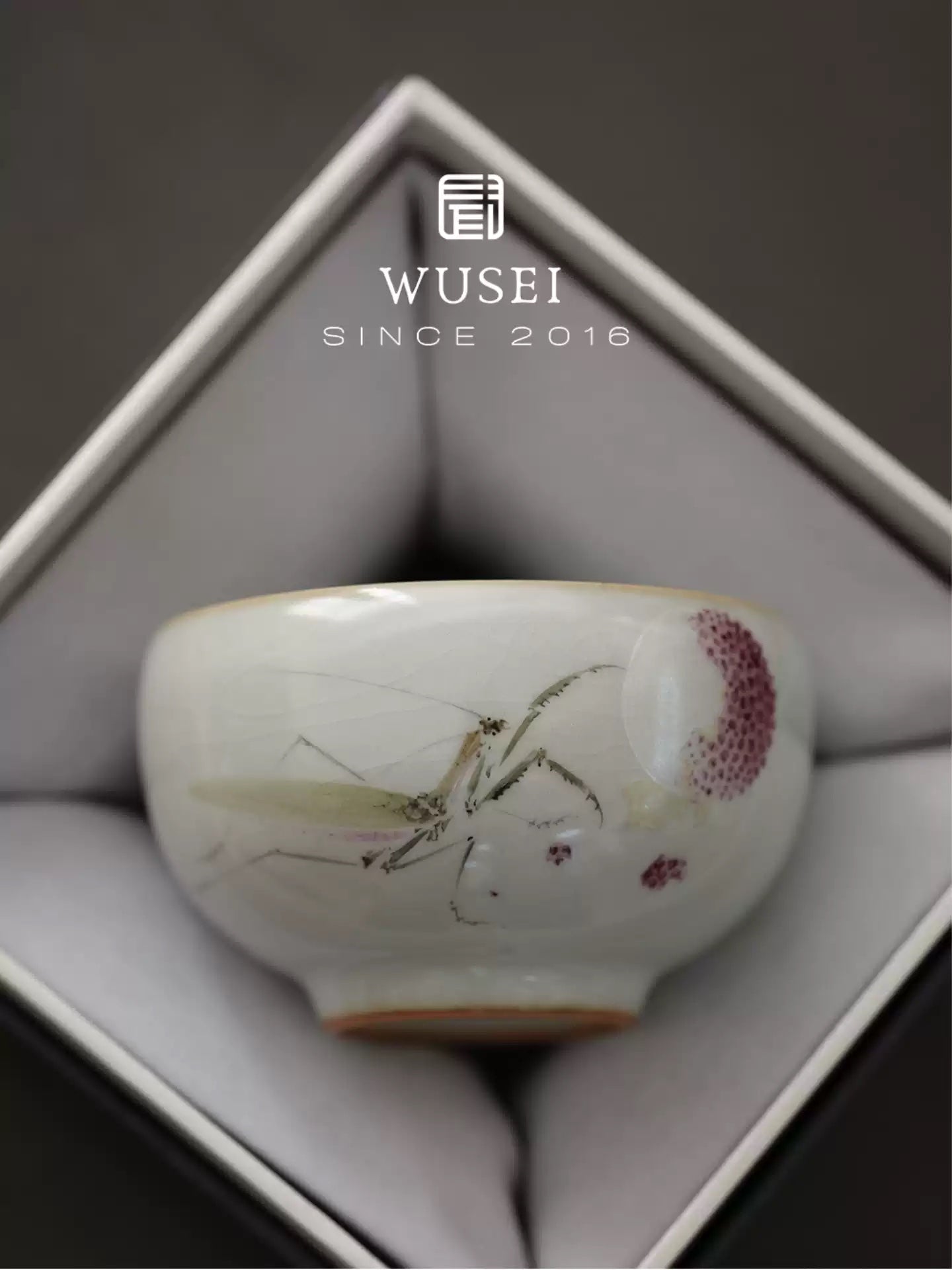 Hand-Painted Sky-Blue Ru Kiln Tea Cup with Lychee & Mantis