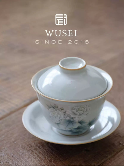 Hand-Painted Sky-Blue Ru-Style Gaiwan with White Hibiscus