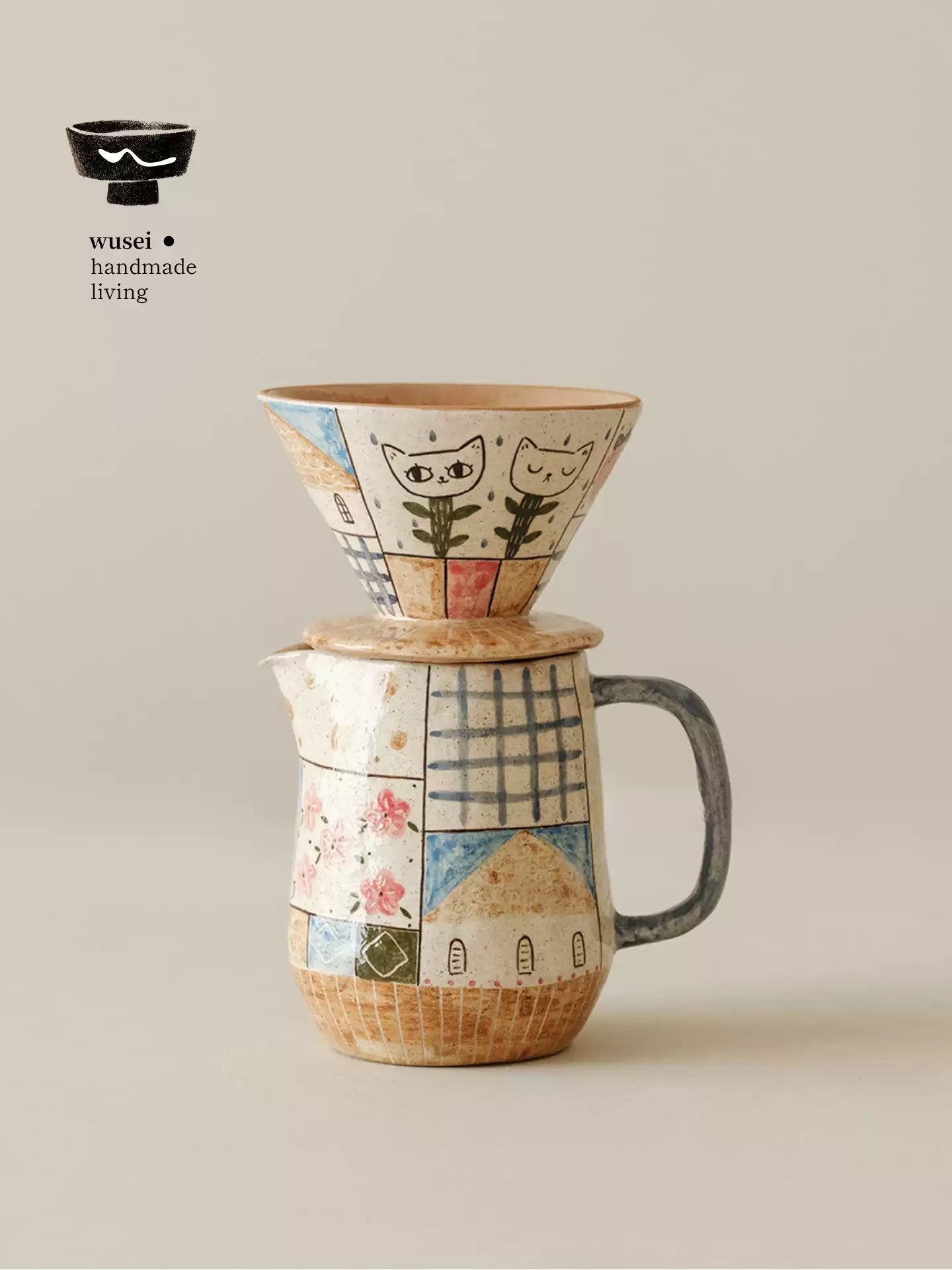 Retro Hand-Painted Ceramic Pour-Over Coffee Set in Oatmeal