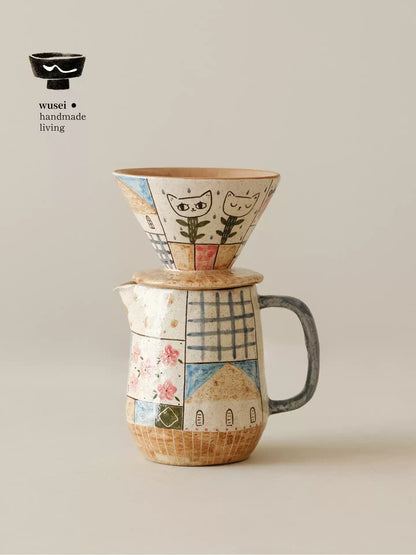 Retro Hand-Painted Ceramic Pour-Over Coffee Set in Oatmeal