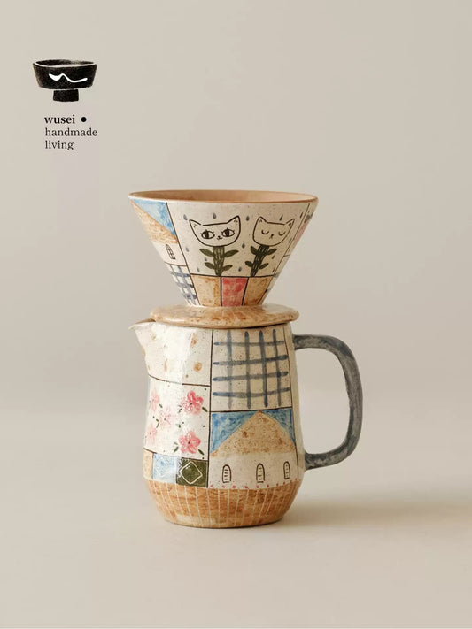 Retro Hand-Painted Ceramic Pour-Over Coffee Set in Oatmeal