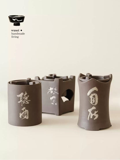 Silver-Accent Clay Charcoal Tea Stove, Vintage Chinese Style