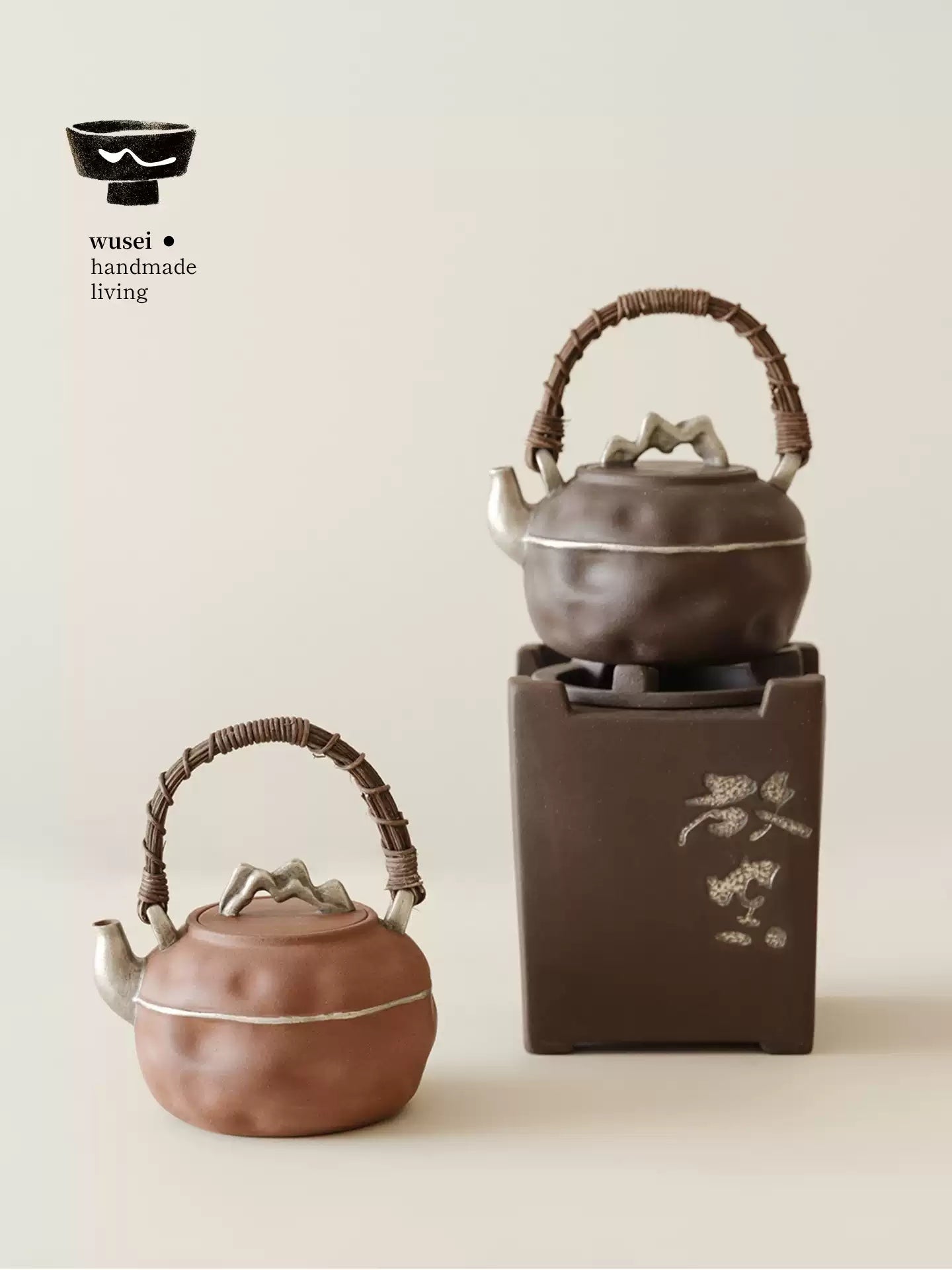 Rustic Clay Teapot & Charcoal Stove Set with Silver Wash