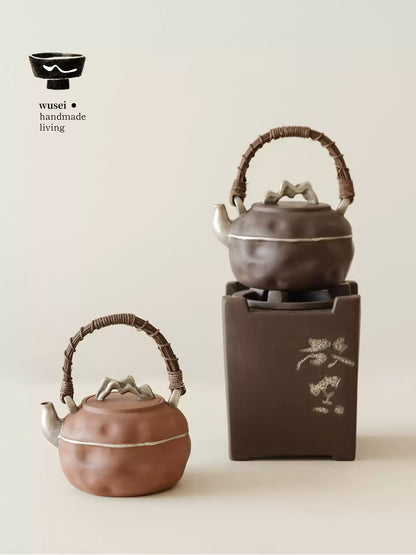 Rustic Clay Teapot & Charcoal Stove Set with Silver Wash