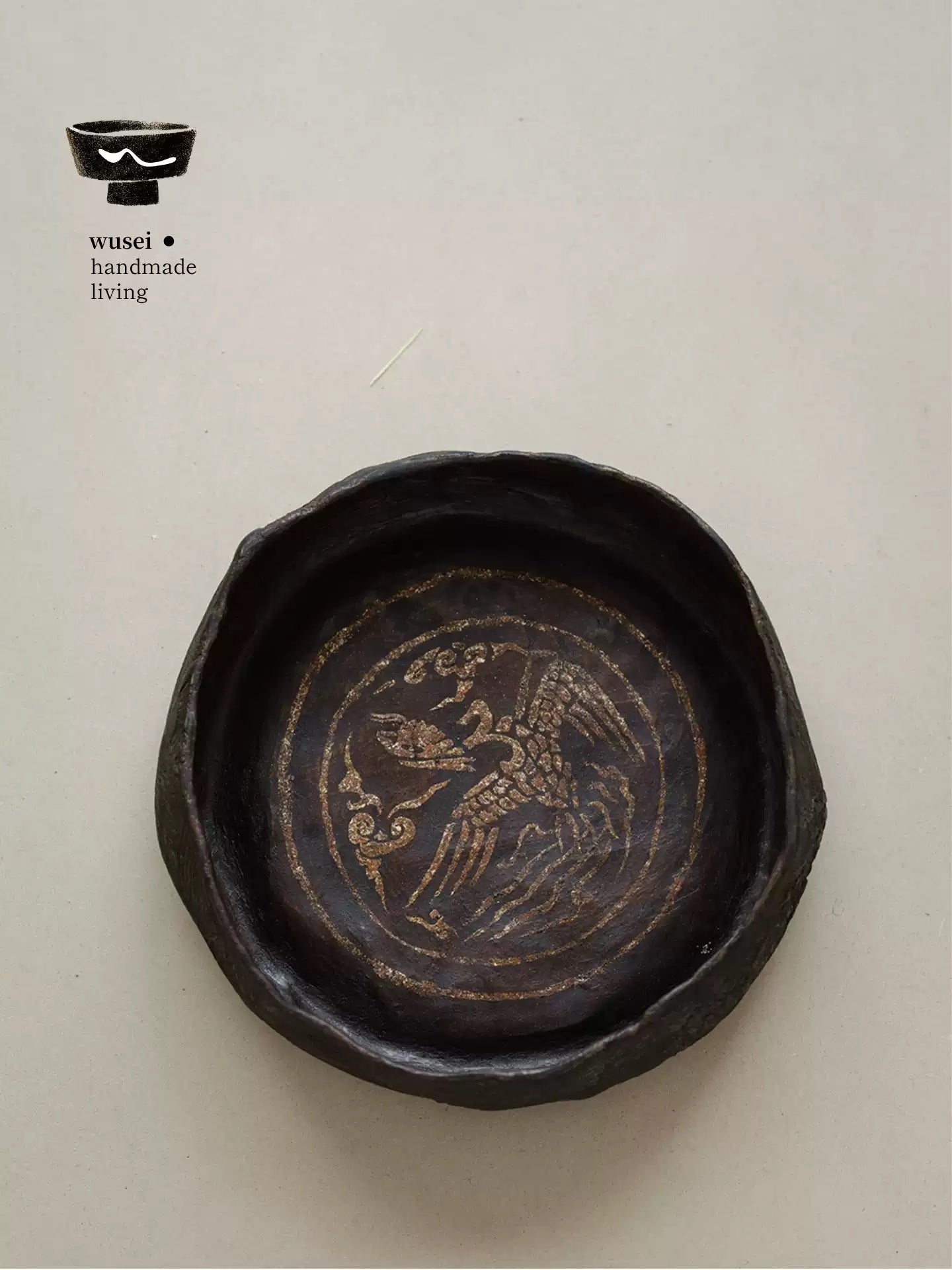 Lacquer Tea Tray with Ancient Bird Motif, Handmade Wabi-Sabi