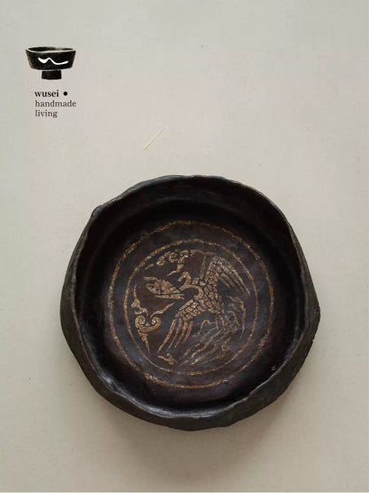 Lacquer Tea Tray with Ancient Bird Motif, Handmade Wabi-Sabi