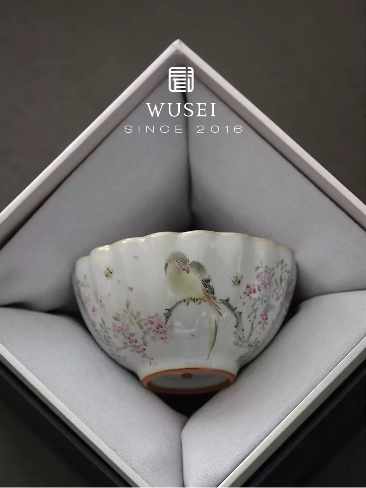Hand-Painted Sky-Blue Ru Ware Tea Cup with Bird & Flowers