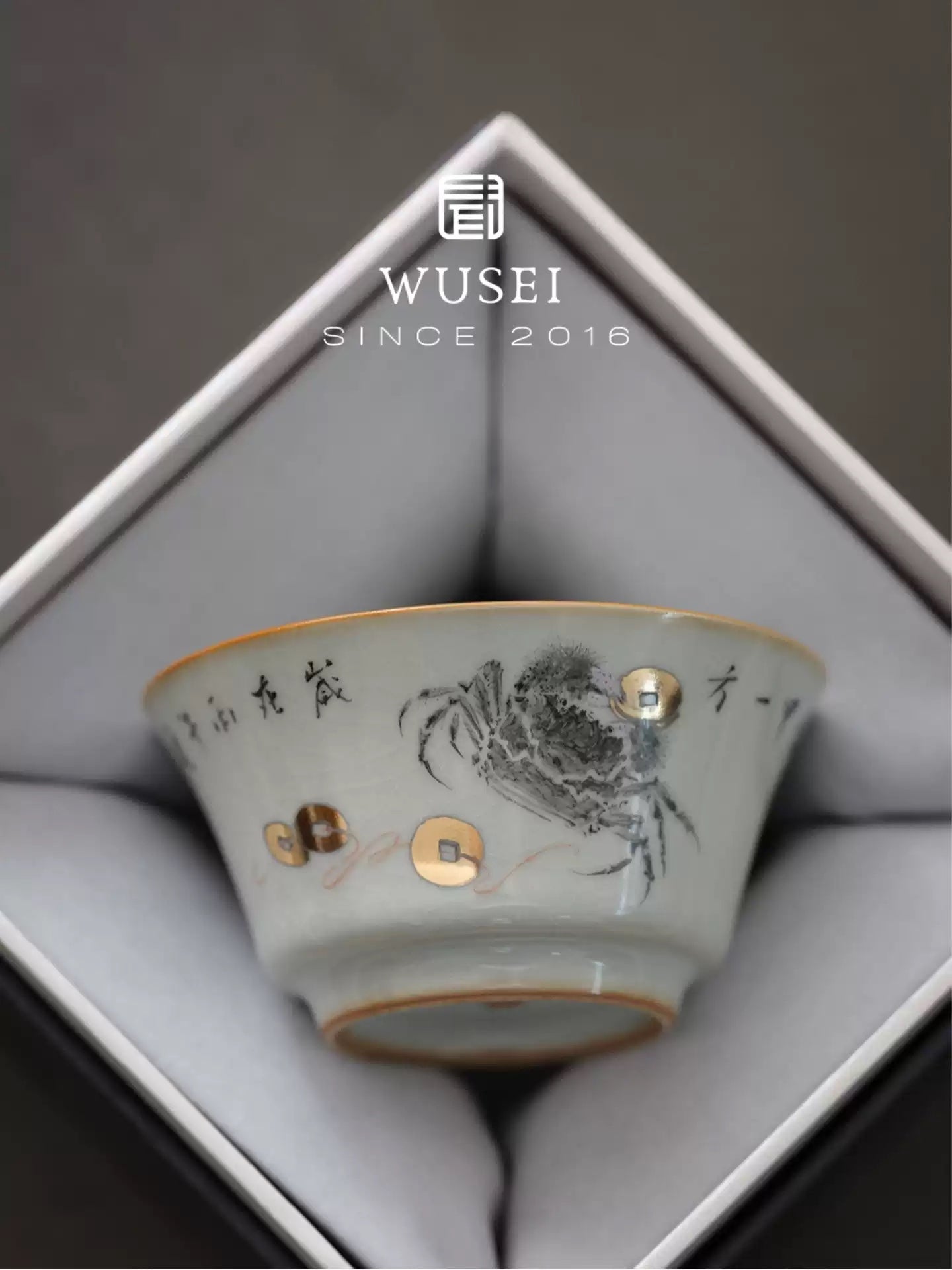 Hand-Painted Ru-Glazed Tea Cup – Sky-Blue Fortune Crab