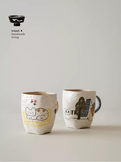 Hand-Painted Cat Coffee Mug Set – Playful Ceramic Pair for Home