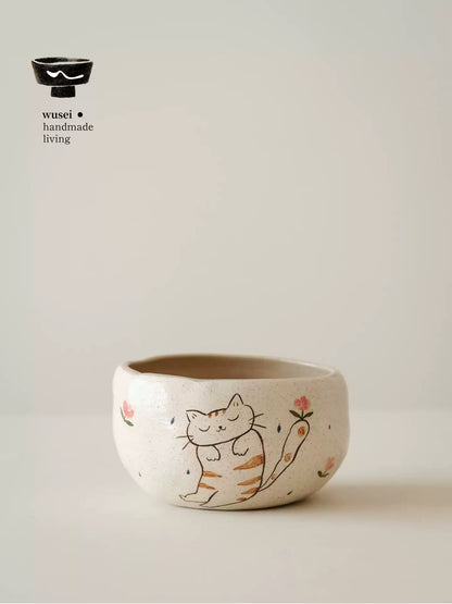 Hand-Painted Ceramic Cat Bowl for Rice, Noodles & Matcha