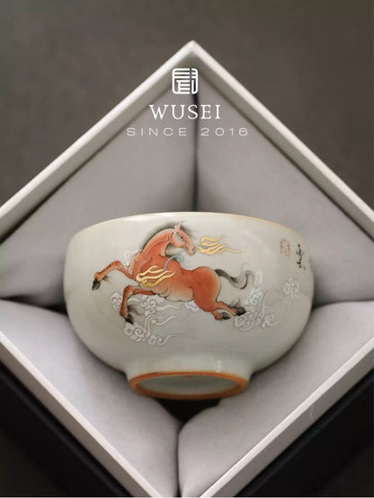 Hand-Painted Sky-Blue Ruyao Cup with Horse Motif