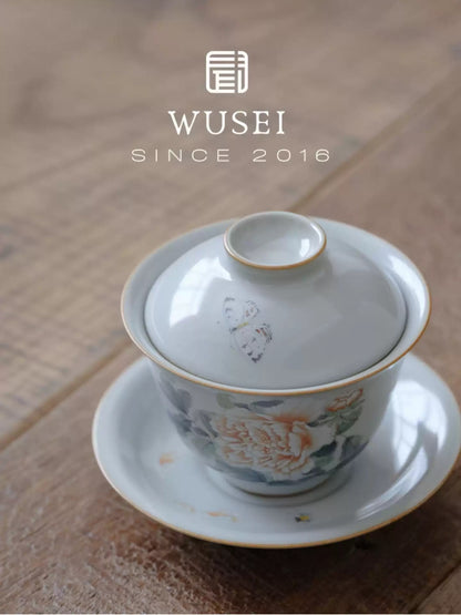 Sky-Blue Ru Gaiwan with Hand-Painted Peonies