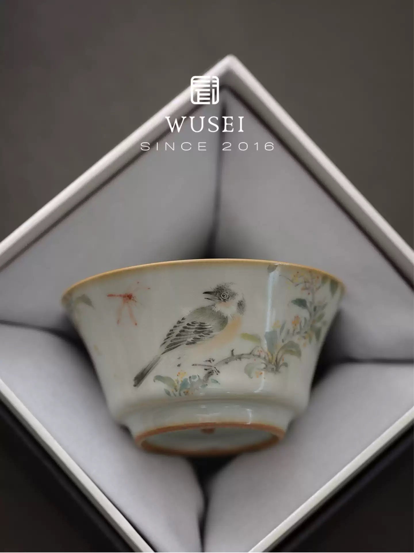 Hand-Painted Ru-Kiln Teacup – Sky Blue with Birds & Blooms