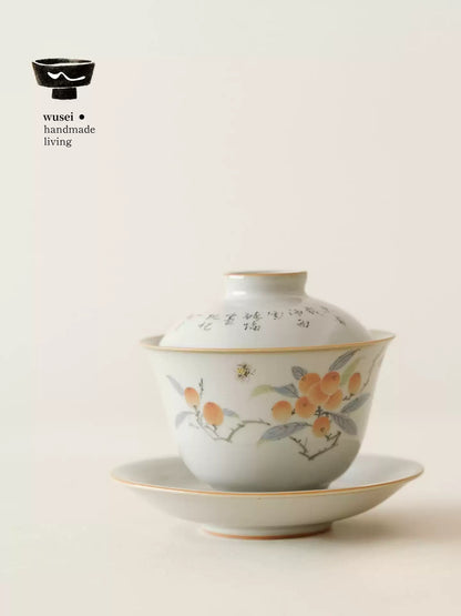 Hand-Painted Loquat Gaiwan – Sky-Blue Ru Ware