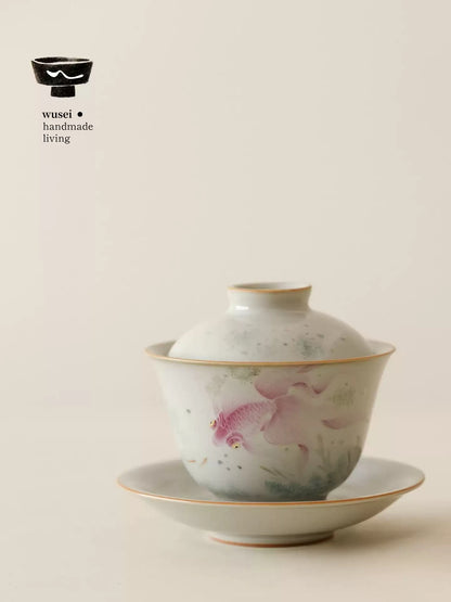 Sky-Blue Ruyao Gaiwan with Hand-Painted Goldfish - Jingdezhen
