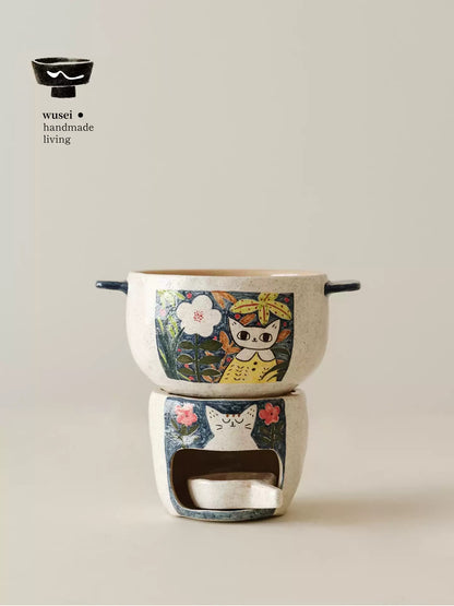 Hand-Painted Cat Stoneware Ramen Bowl with Double Handles